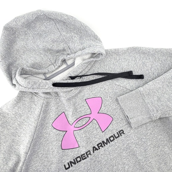 Under Armour Tops - Under Armour Hoodie Womens XL Gray Pink Logo Good Loose Fit Pullover Sweatshirt
